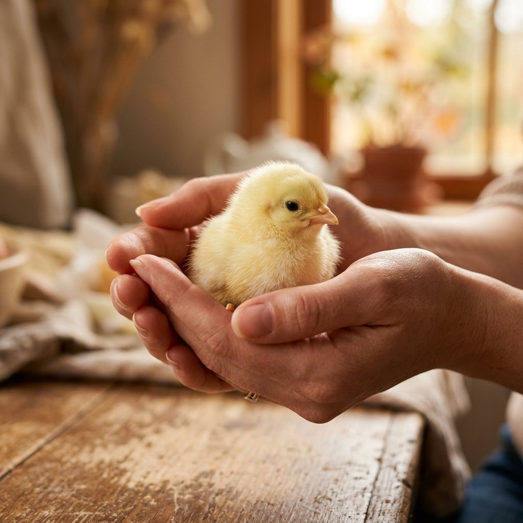 A day-old chick held in cupped hands