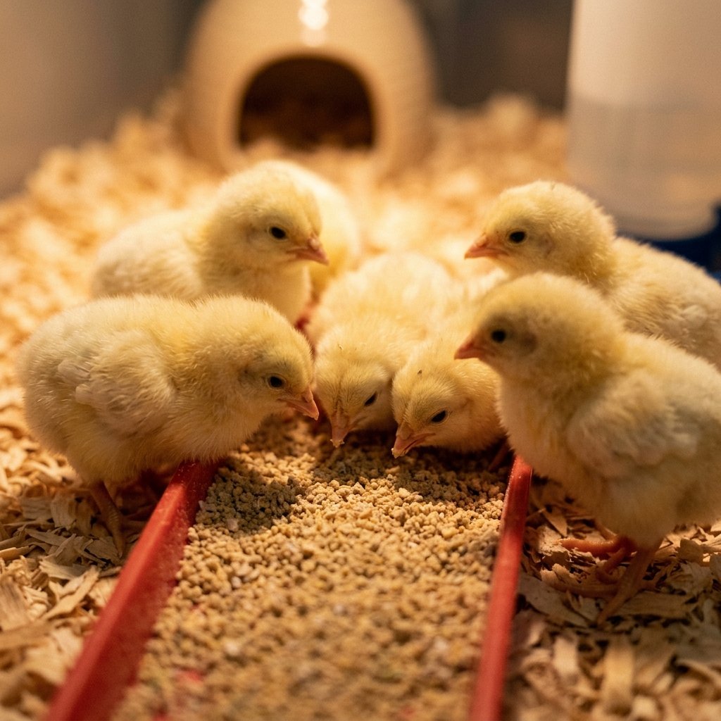 Day-old chicks at an AkashGanga breeding farm