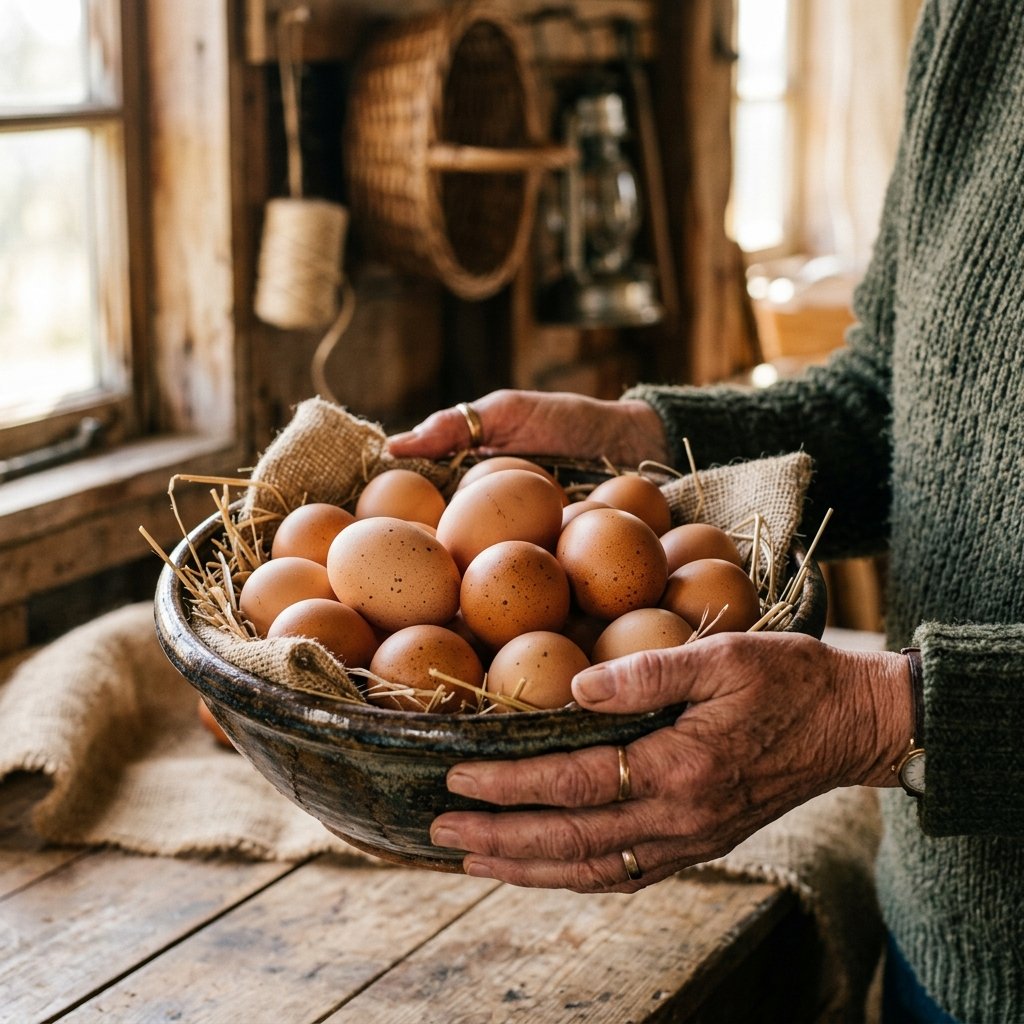 A bowl of fresh brown eggs held in two hands