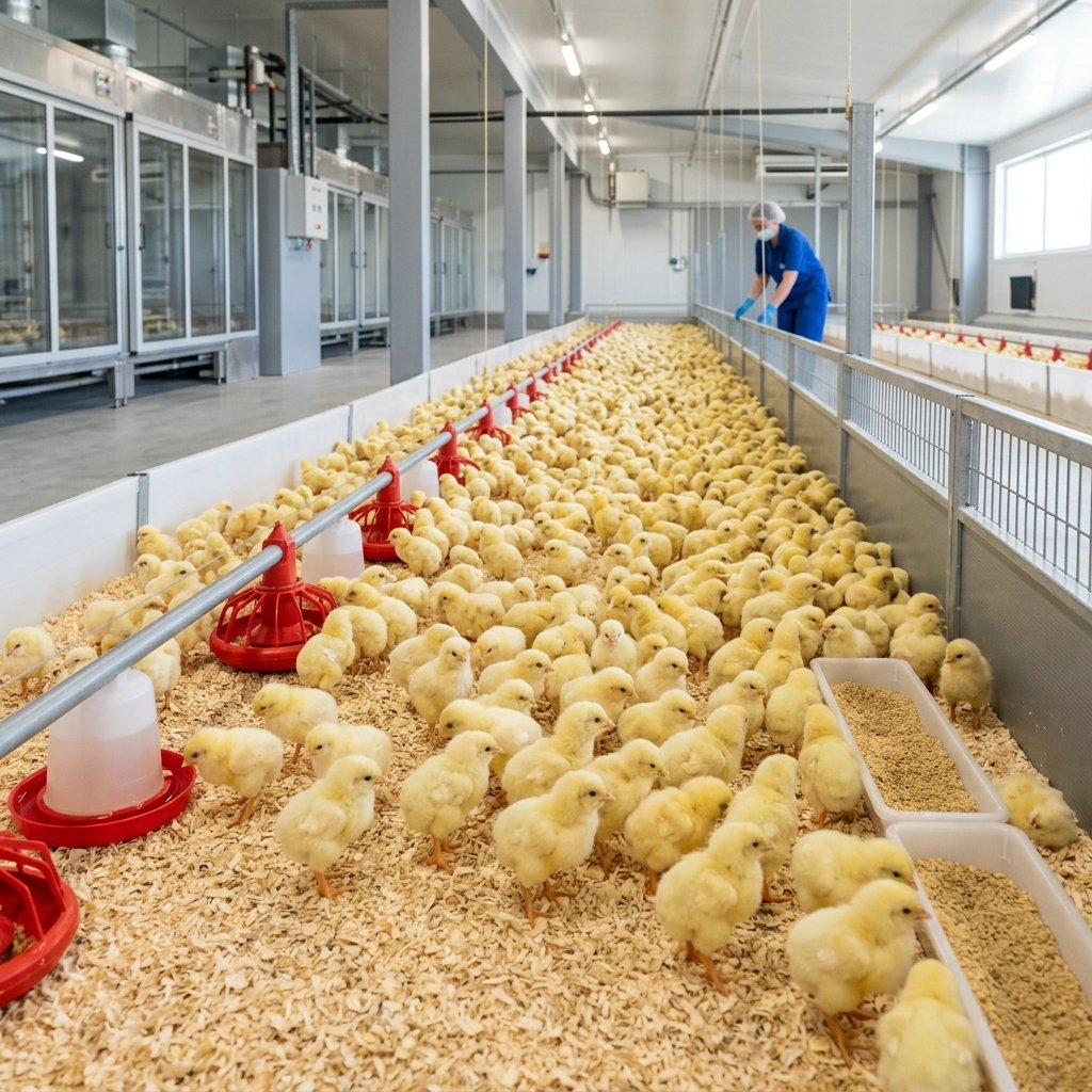 Day-old chicks at the AkashGanga hatchery